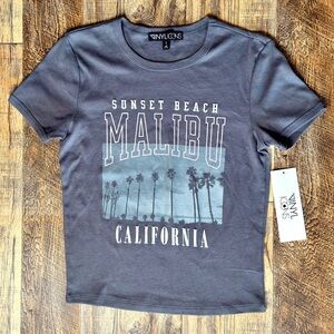 BNWT Graphic Baby Tee “Sunset Beach Malibu” Design Small in Dusty Blue